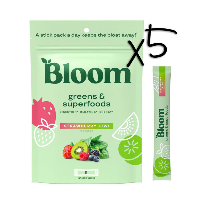 LOT OF 5!!! - BLOOM Greens + Superfoods Powder Stick Pack-Strawberry Kiwi-5ct