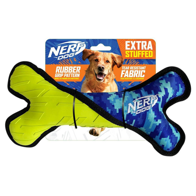 NERF Tuff Rubber Nylon Plush Bone Ploy Filled Dog Toy - Green/Blue - 11"