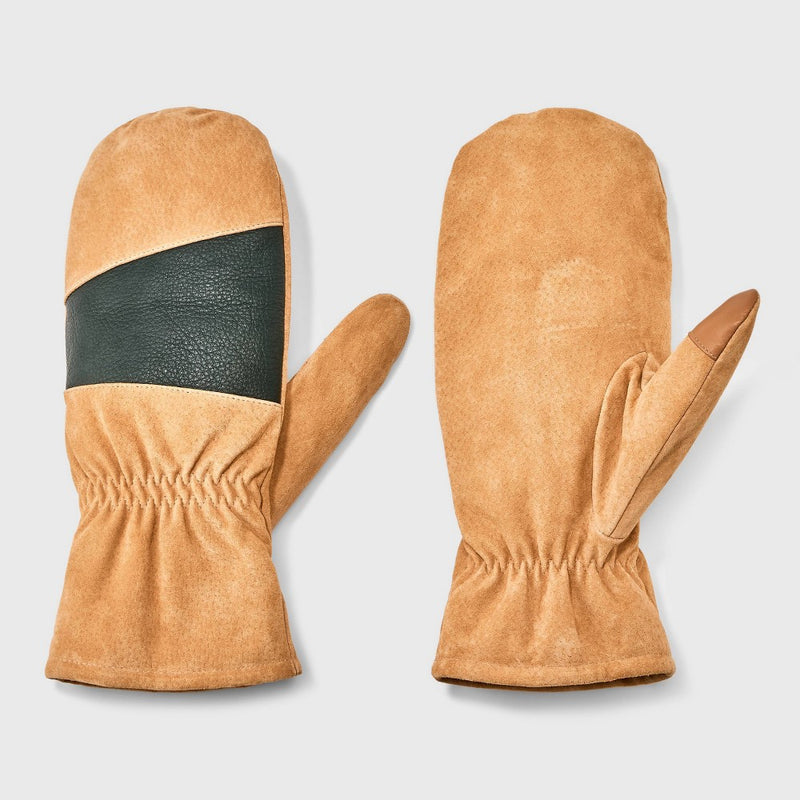 Men's Mixed Leather Dress Pig Suede Mittens - Goodfellow & Co Tan S/M