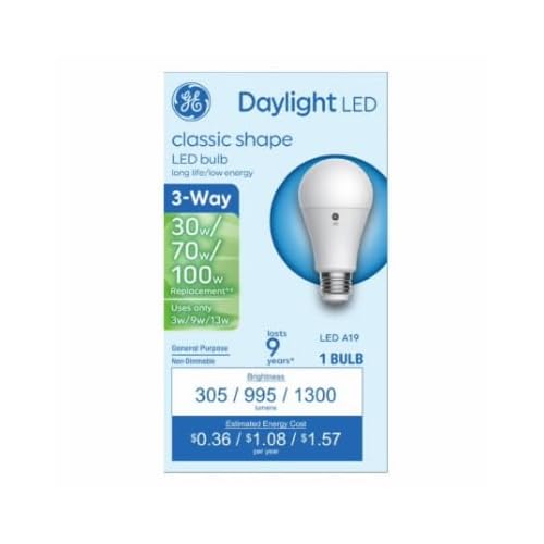 GE 93130564 LED 3-Way Light Bulb, A19 Medium Base, Daylight, 3/9/13 Watt