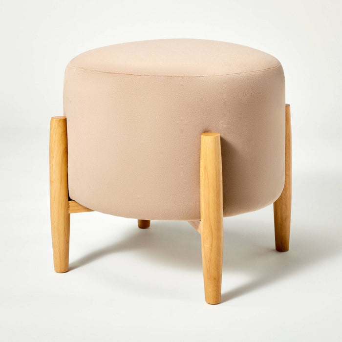 Elroy Round Velvet Ottoman with Wooden Legs Light Brown - Threshold designed with Studio McGee