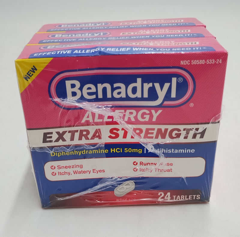 3 PACK!!! Benadryl Diphenhydramine Extra Strength - 24ct - EXP: 08/2026