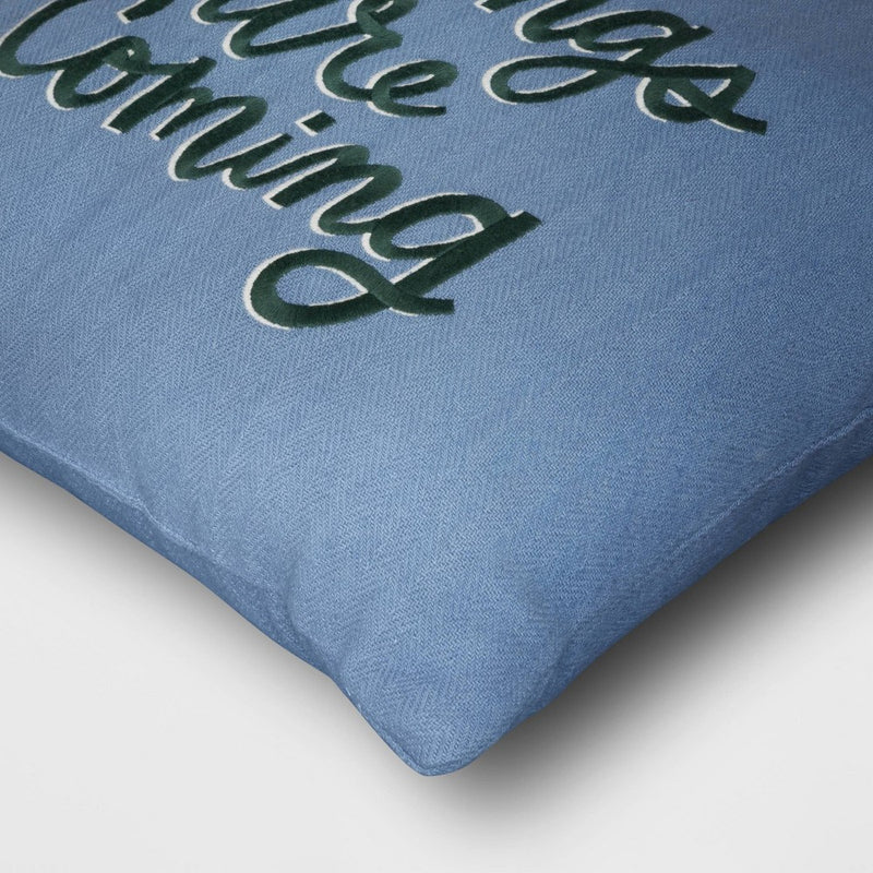 'Better Things Are Coming' Embroidered Cotton Square Throw Pillow Blue - Room Essentials