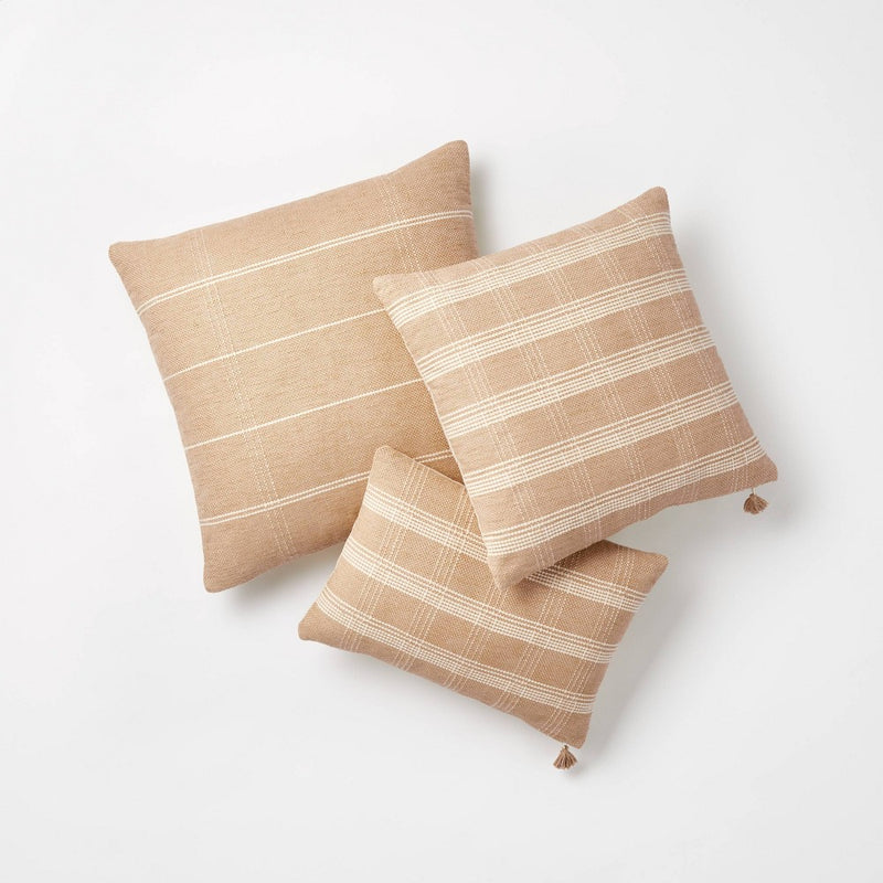 Woven Plaid Lumbar Throw Pillow with Tassel Zipper Camel/Cream -Threshold designed with Studio McGee