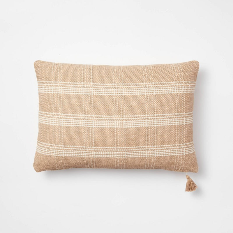 Woven Plaid Lumbar Throw Pillow with Tassel Zipper Camel/Cream -Threshold designed with Studio McGee