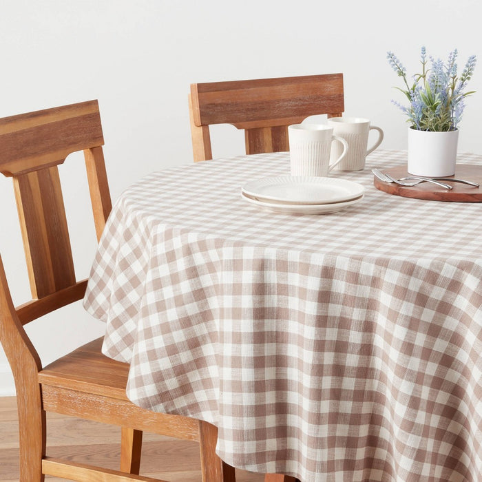 70" Cotton Gingham Round Tablecloth Taupe - Threshold