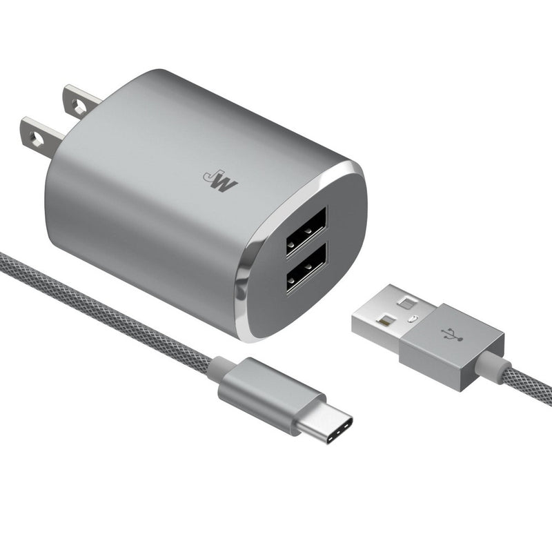 Just Wireless 3.4A/17W 2-Port USB-C/USB-A Home Charger with 6' Mesh Type-C to USB-A Cable - Gray