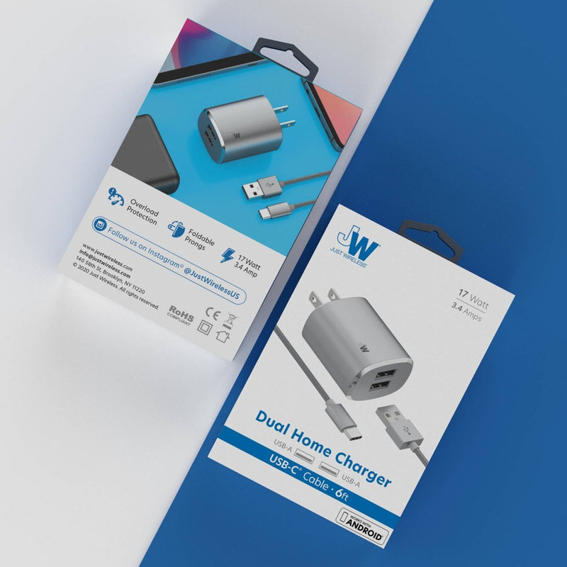 Just Wireless 3.4A/17W 2-Port USB-C/USB-A Home Charger with 6' Mesh Type-C to USB-A Cable - Gray