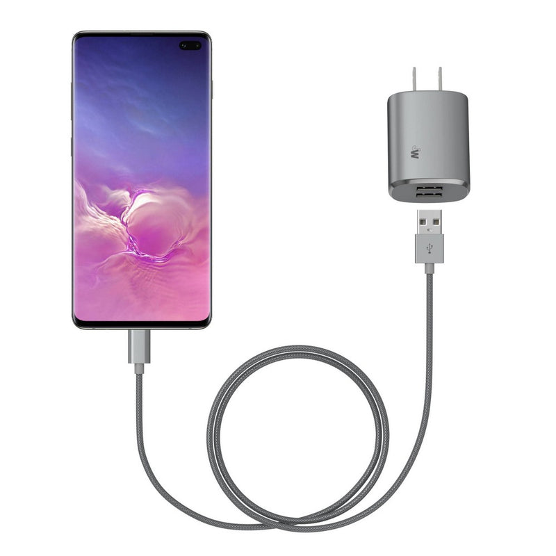 Just Wireless 3.4A/17W 2-Port USB-C/USB-A Home Charger with 6' Mesh Type-C to USB-A Cable - Gray