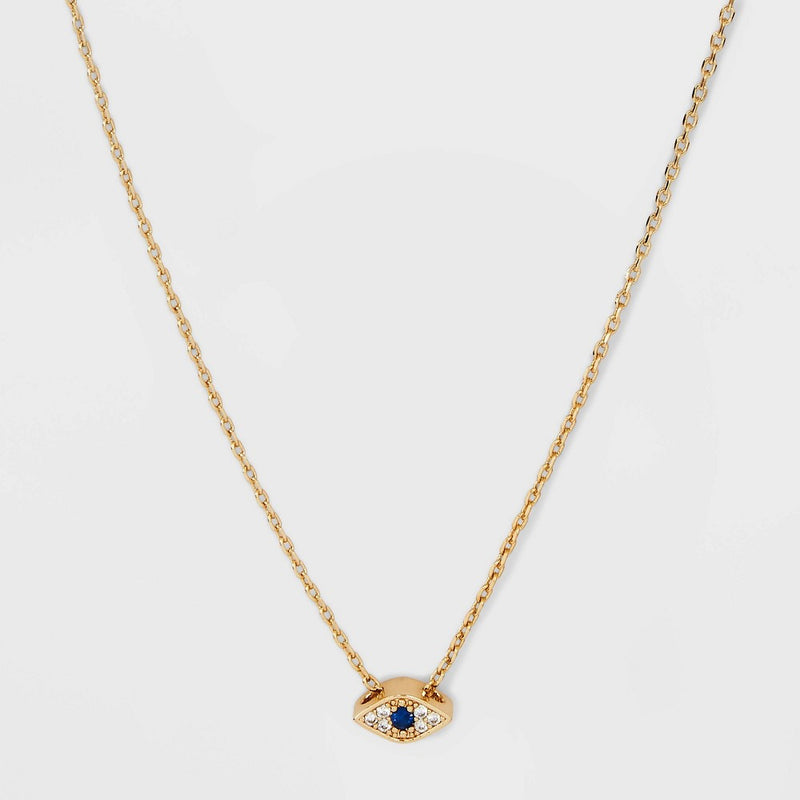 14K Gold Dipped Cubic Zirconia Evil Eye Slider Pendant Necklace - Gold