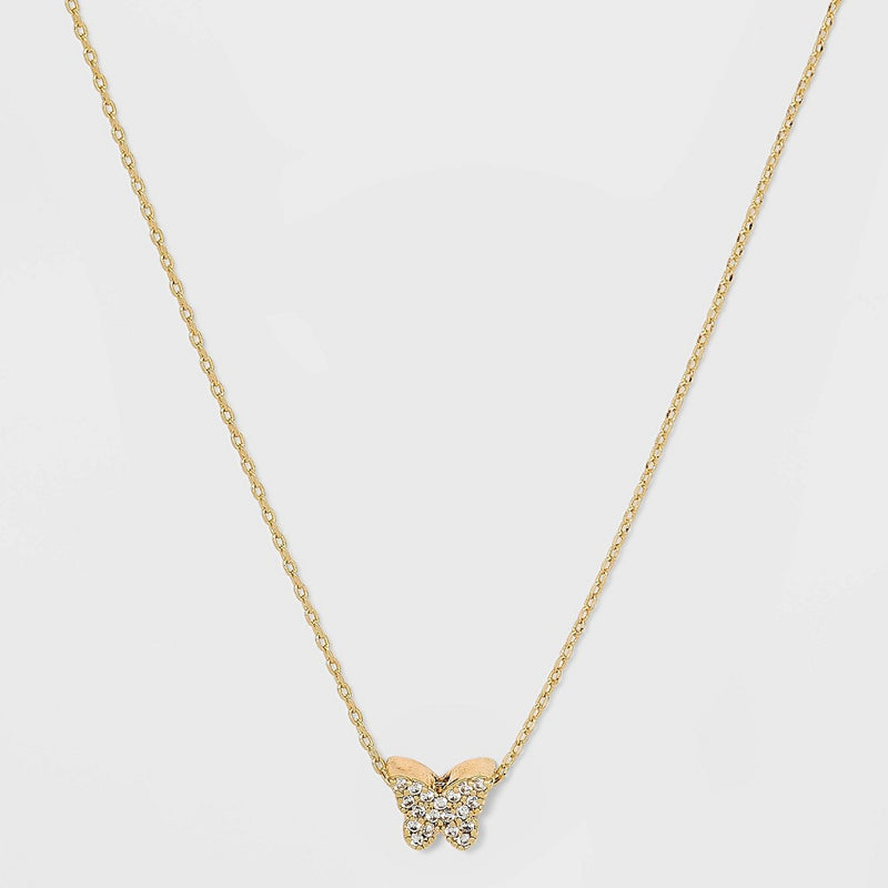 Silver Plated Gold Dipped Micro Pave Butterfly Cubic Zirconia Pendant Necklace - Gold