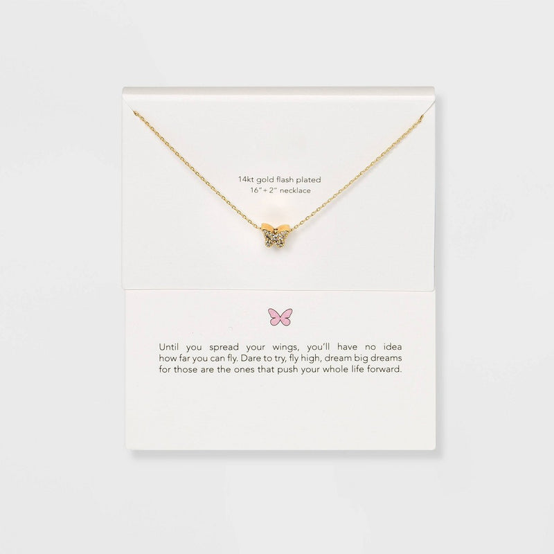 Silver Plated Gold Dipped Micro Pave Butterfly Cubic Zirconia Pendant Necklace - Gold