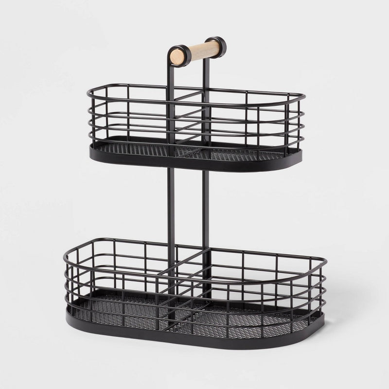 2 Tier Divided Wire Basket with Wood Handle Black - Brightroom