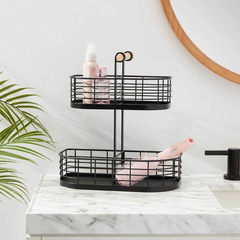 2 Tier Divided Wire Basket with Wood Handle Black - Brightroom