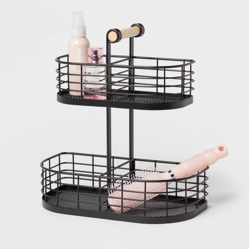 2 Tier Divided Wire Basket with Wood Handle Black - Brightroom