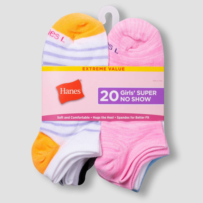 Hanes Girls' 20pk Super No Show Athletic Socks - Colors May Vary M