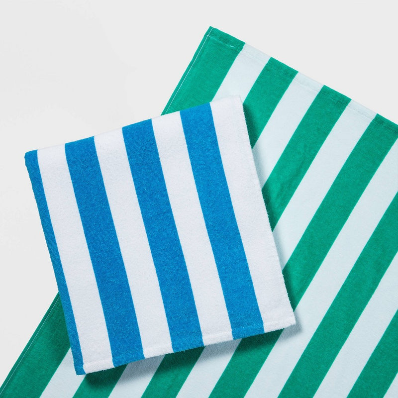 2pk Striped Beach Towel Bundle Green/Blue - Sun Squad