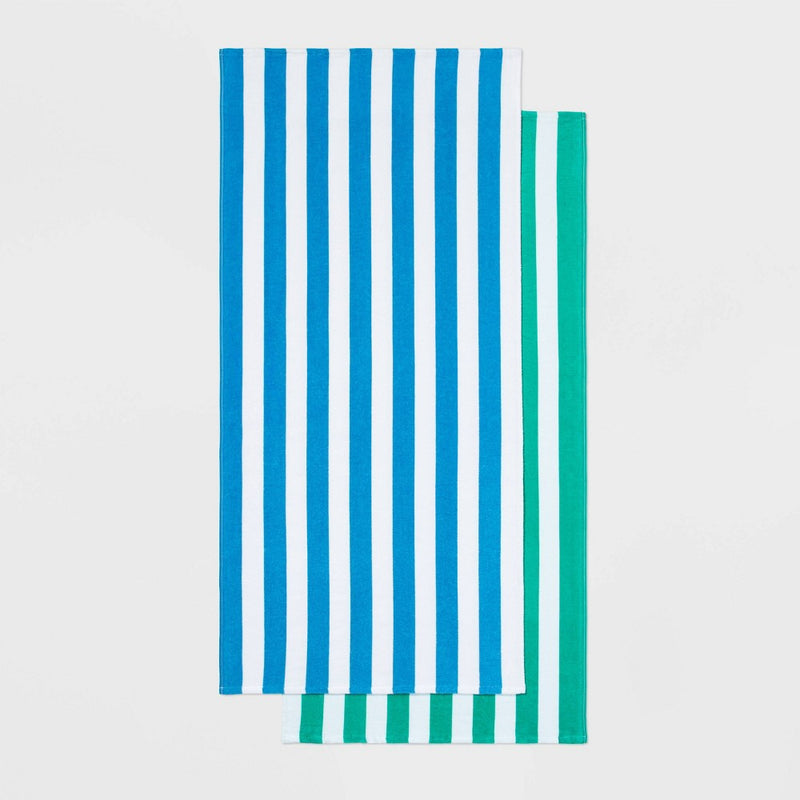 2pk Striped Beach Towel Bundle Green/Blue - Sun Squad