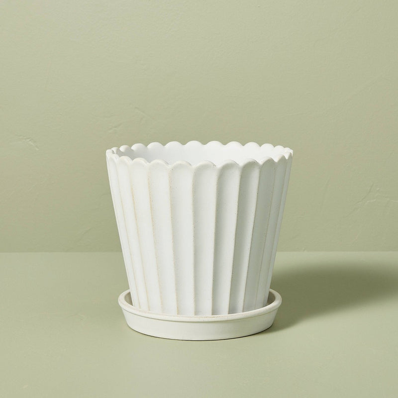 Small Scallop-Fluted Stoneware Indoor/Outdoor Planter Pot with Saucer Cream - Hearth & Hand with Magnolia