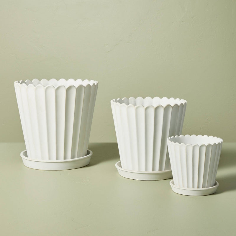 Small Scallop-Fluted Stoneware Indoor/Outdoor Planter Pot with Saucer Cream - Hearth & Hand with Magnolia