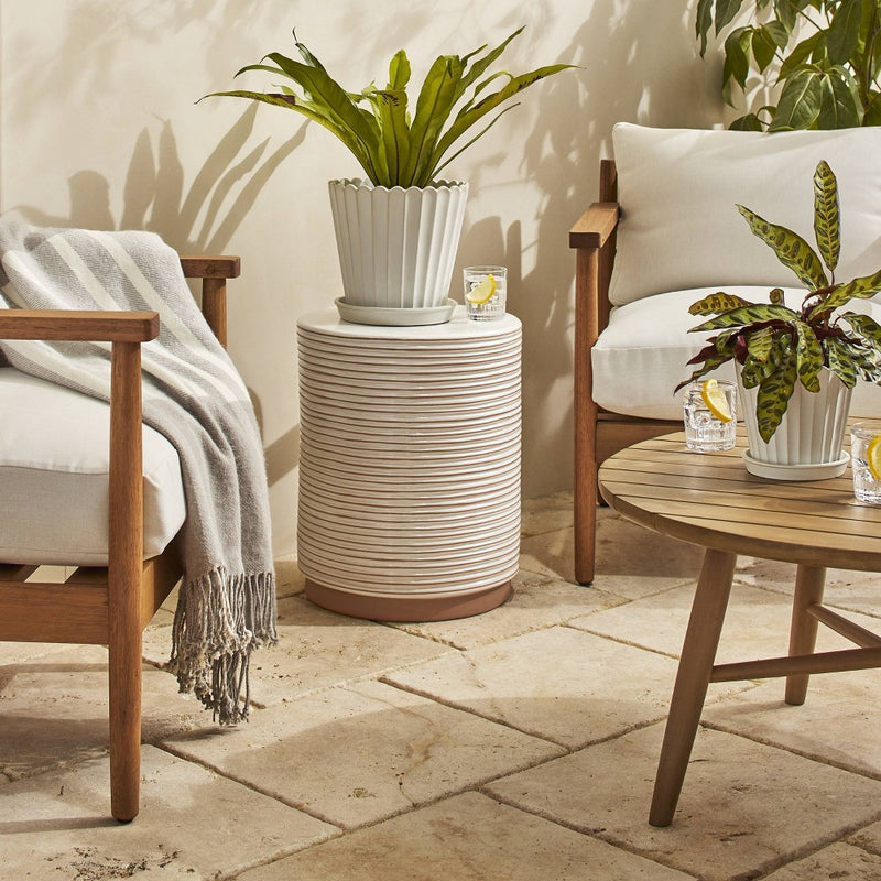 Small Scallop-Fluted Stoneware Indoor/Outdoor Planter Pot with Saucer Cream - Hearth & Hand with Magnolia