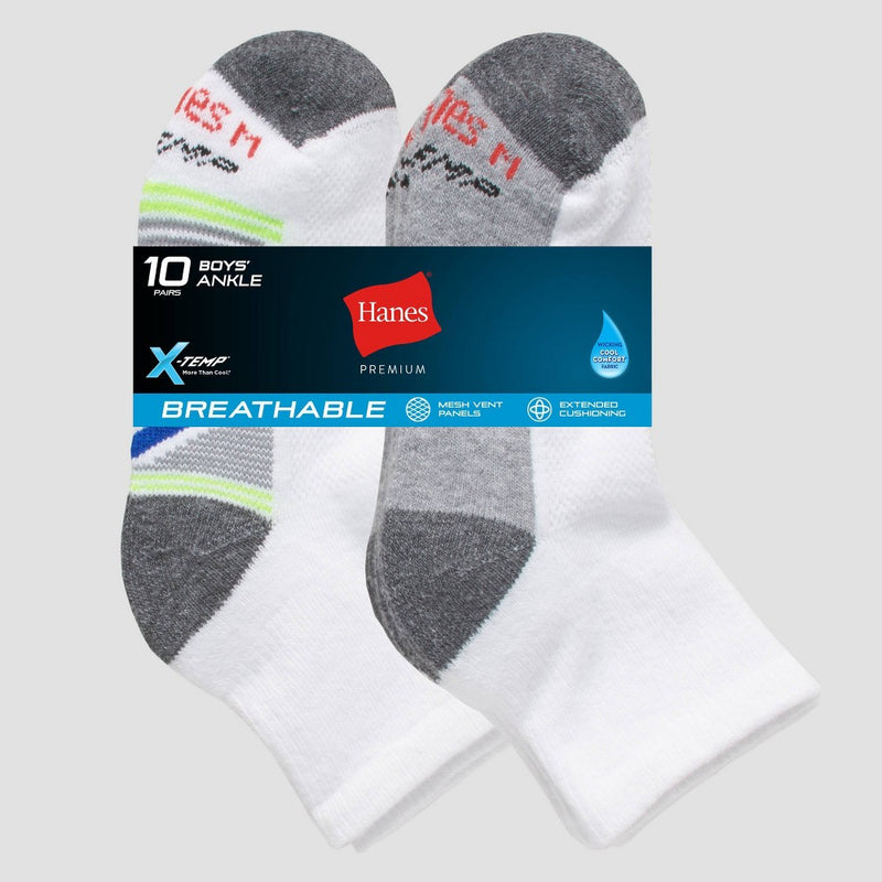 Hanes Boys' 10pk Premium Ankle Athletic Socks - White M
