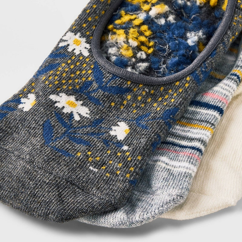 Women's 3pk Sunny Daisies Liner Socks - A New Day Charcoal Heather/White 4-10
