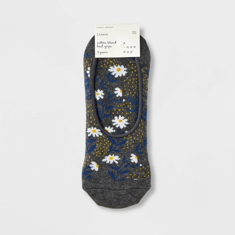 Women's 3pk Sunny Daisies Liner Socks - A New Day Charcoal Heather/White 4-10