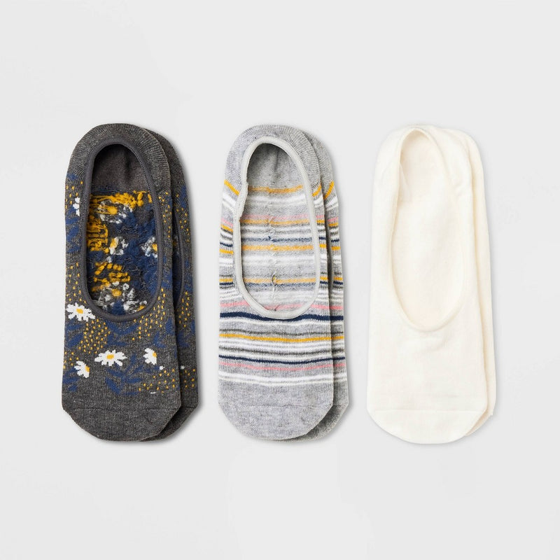Women's 3pk Sunny Daisies Liner Socks - A New Day Charcoal Heather/White 4-10