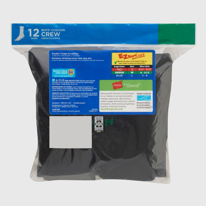 Hanes Boys' 12pk Cushioned Crew Athletic Socks - Black L