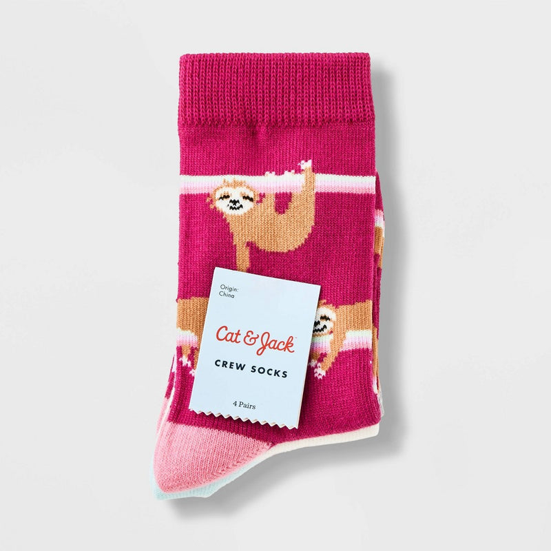 Girls' 4pk Sloth Crew Socks - Cat & Jack Rose Pink M