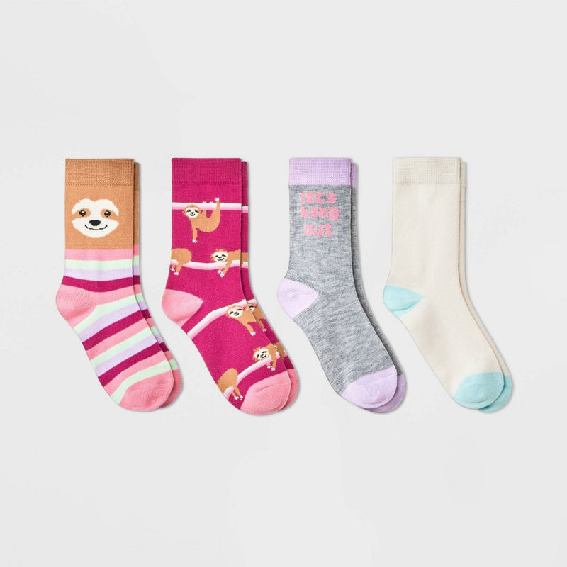 Girls' 4pk Sloth Crew Socks - Cat & Jack Rose Pink M