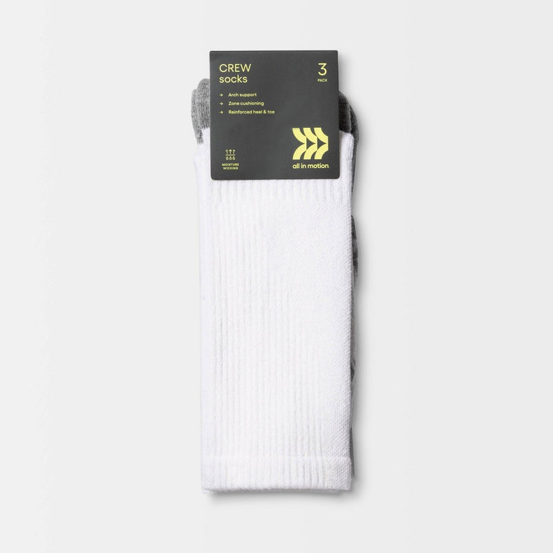 Men's Striped Arch Crew Socks 3pk - All In Motion White 6-12
