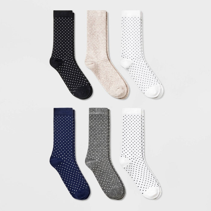 Women's Polka Dot 6pk Crew Socks - A New Day Black/Ivory/Navy/Heather Gray/Oatmeal Heather 4-10