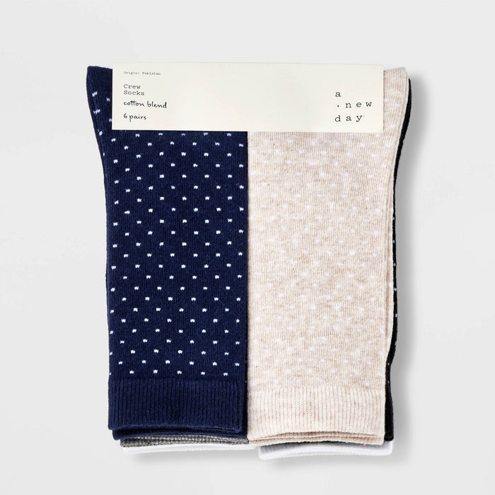 Women's Polka Dot 6pk Crew Socks - A New Day Black/Ivory/Navy/Heather Gray/Oatmeal Heather 4-10