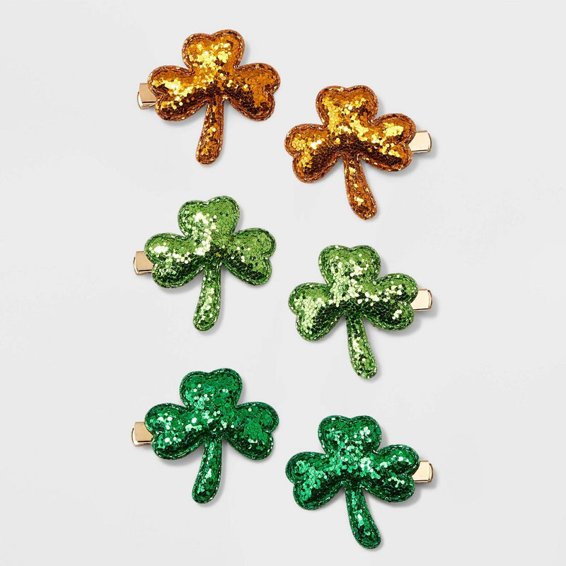 St. Patrick's Day Glitter Shamrock Hair Clip Set 6pc - Green/Orange
