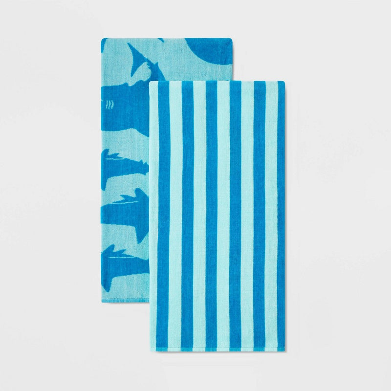 2pk Striped Sharks Beach Towels Aqua - Sun Squad