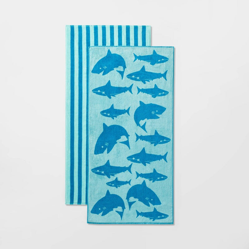 2pk Striped Sharks Beach Towels Aqua - Sun Squad