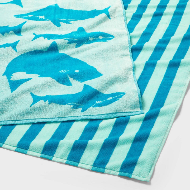 2pk Striped Sharks Beach Towels Aqua - Sun Squad