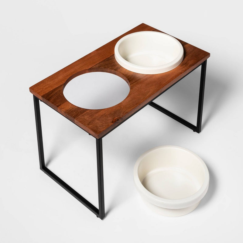 Modern Tall Metal Elevated Dog Bowl with Natural Wood Top - Black - Boots & Barkley