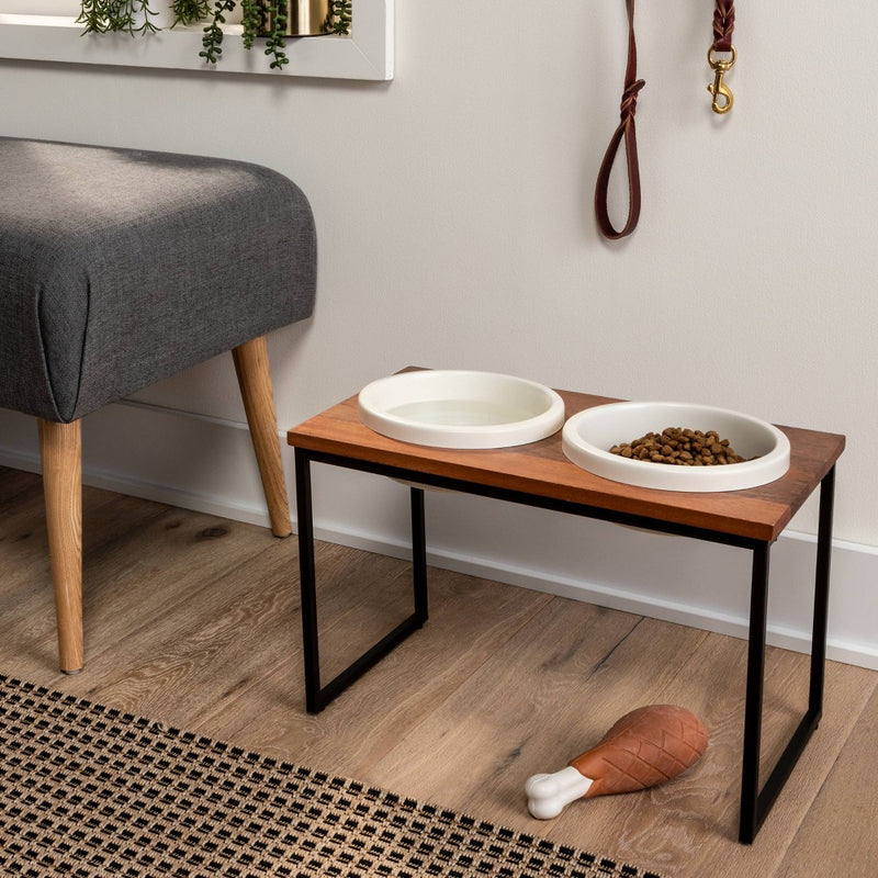 Modern Tall Metal Elevated Dog Bowl with Natural Wood Top - Black - Boots & Barkley