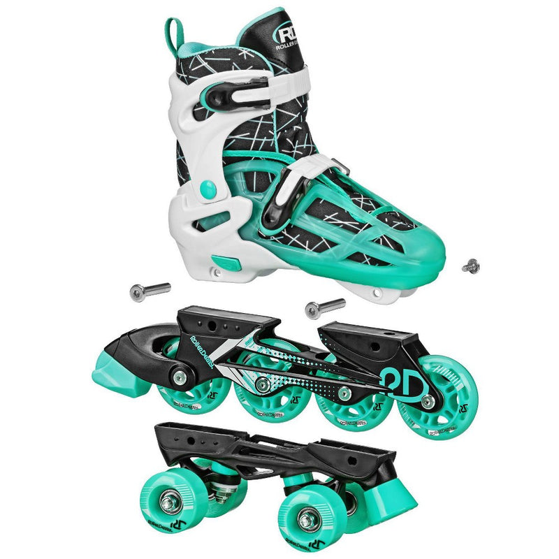 Roller Derby Mint Prodigy Kids' Adjustable Inline-Quad Combo Skates - White/Mint Green M (3-6)