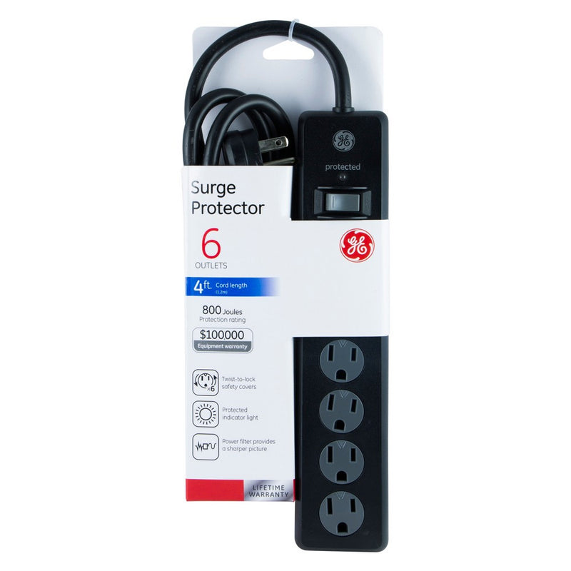 GE 6 Outlet Surge Protector with 4' Extension Cord Twist To Close Safety Covers Black