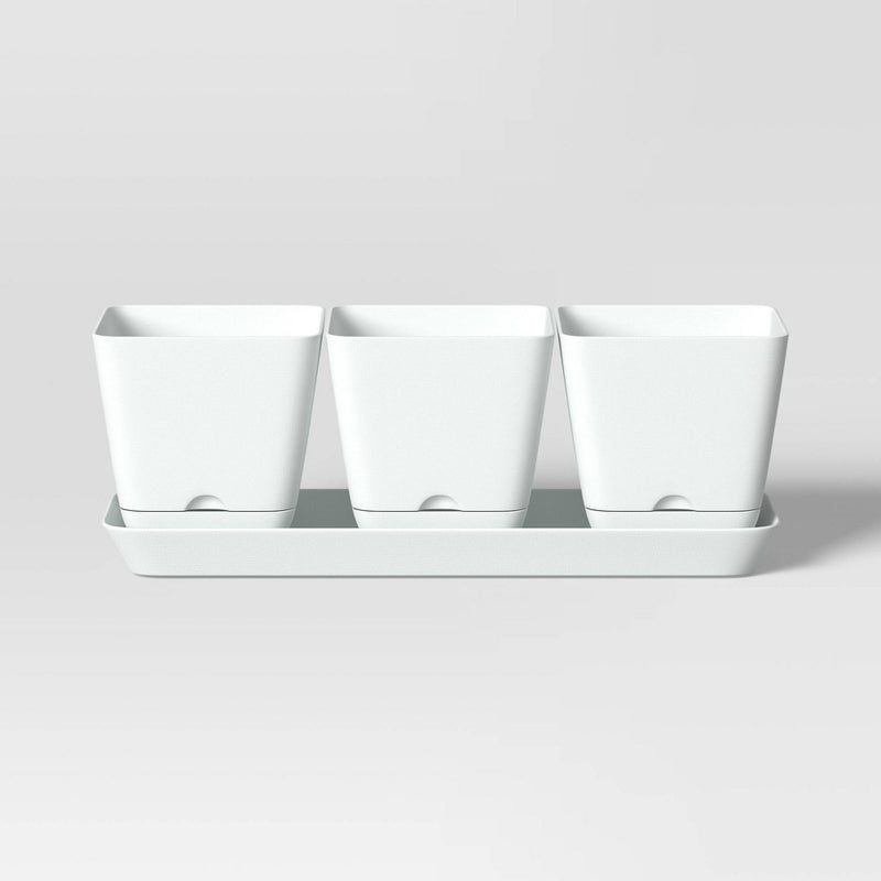 4pc Square Indoor Outdoor 3 Planter Pots with 1 Saucer White 12.2"x4" - Room Essentials