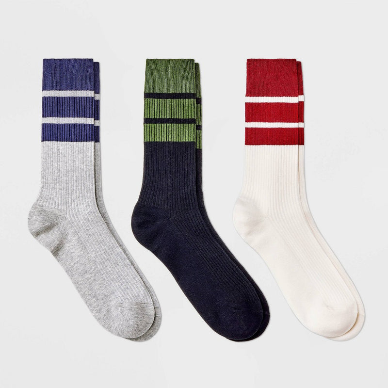 Men's Striped Ribbed Crew Socks 3pk - Goodfellow & Co Blue/Green/Red 6-12