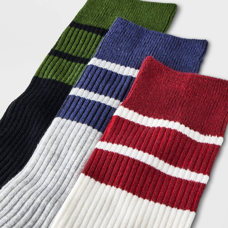 Men's Striped Ribbed Crew Socks 3pk - Goodfellow & Co Blue/Green/Red 6-12