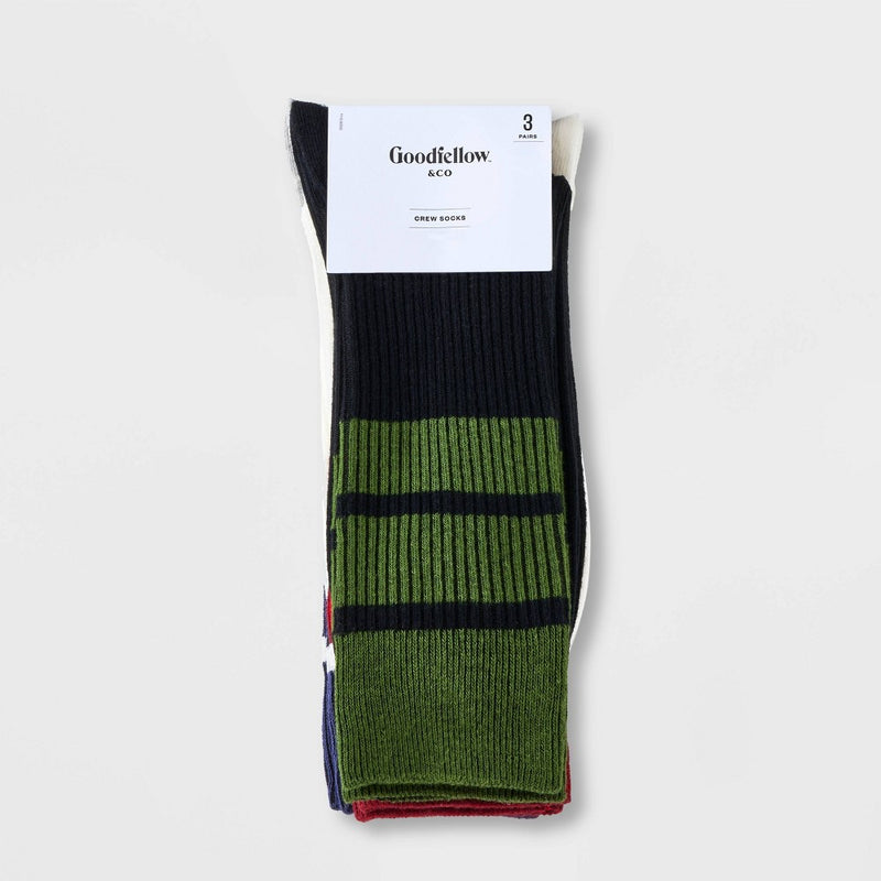 Men's Striped Ribbed Crew Socks 3pk - Goodfellow & Co Blue/Green/Red 6-12