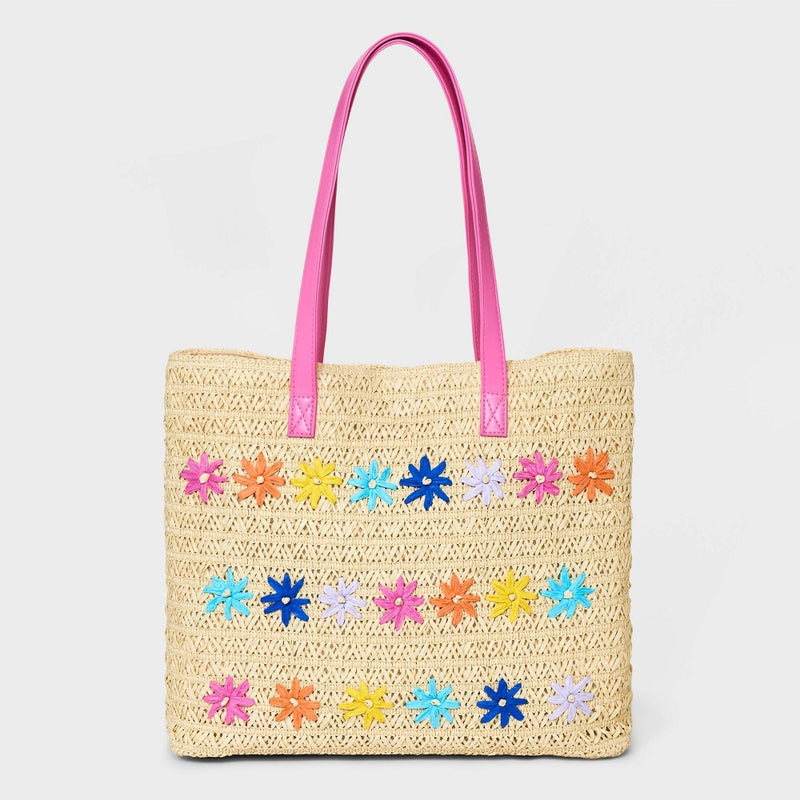 Girls' Paper Straw Flower Embroidery Tote Bag - Cat & Jack Off-White