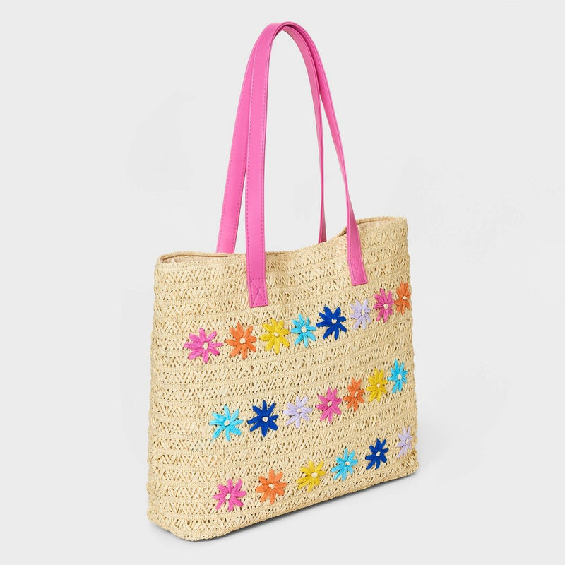 Girls' Paper Straw Flower Embroidery Tote Bag - Cat & Jack Off-White
