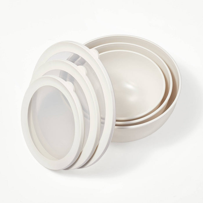 6pc (set of 3) Plastic Mixing Bowl Set with Lids Cream - Figmint